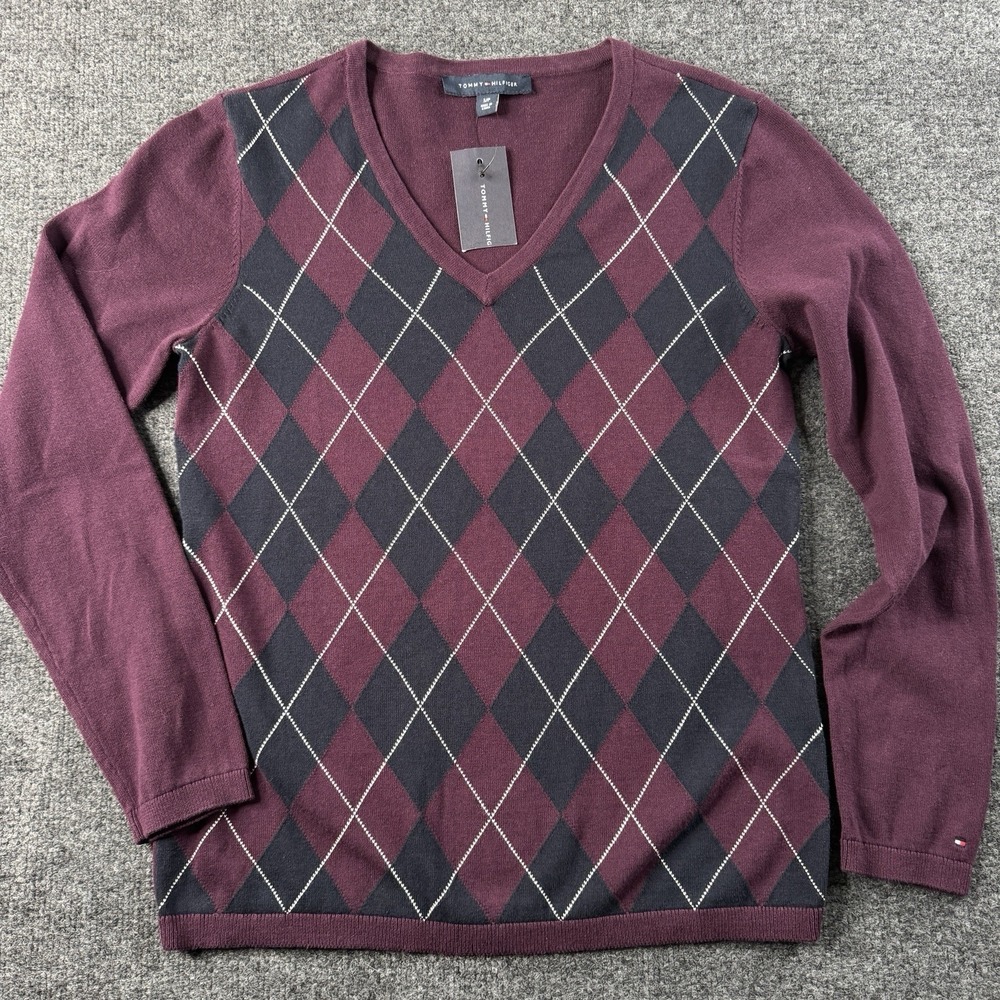 Tommy Hilfiger Women's Small Argyle Pattern Pullover Sweater Maroon NWT